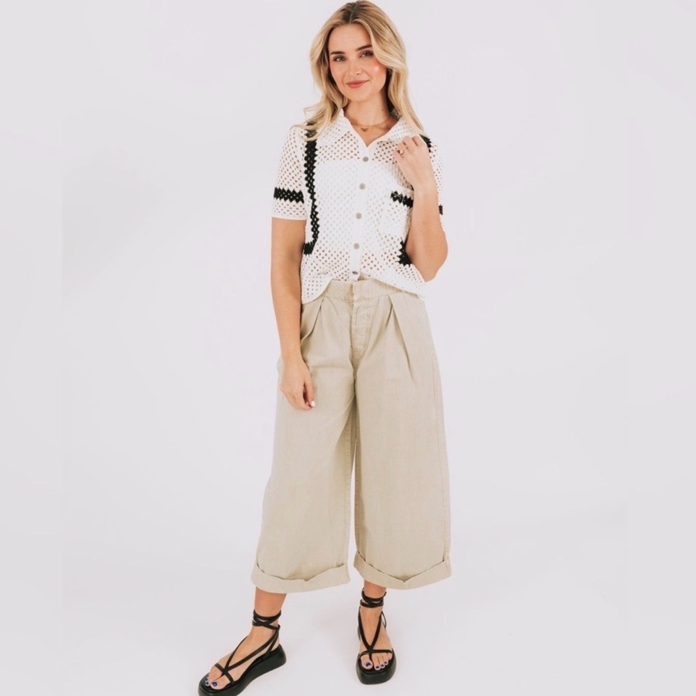 Free People After Love Cuff Pants Khaki Wide Leg Medium Oversized EUC
